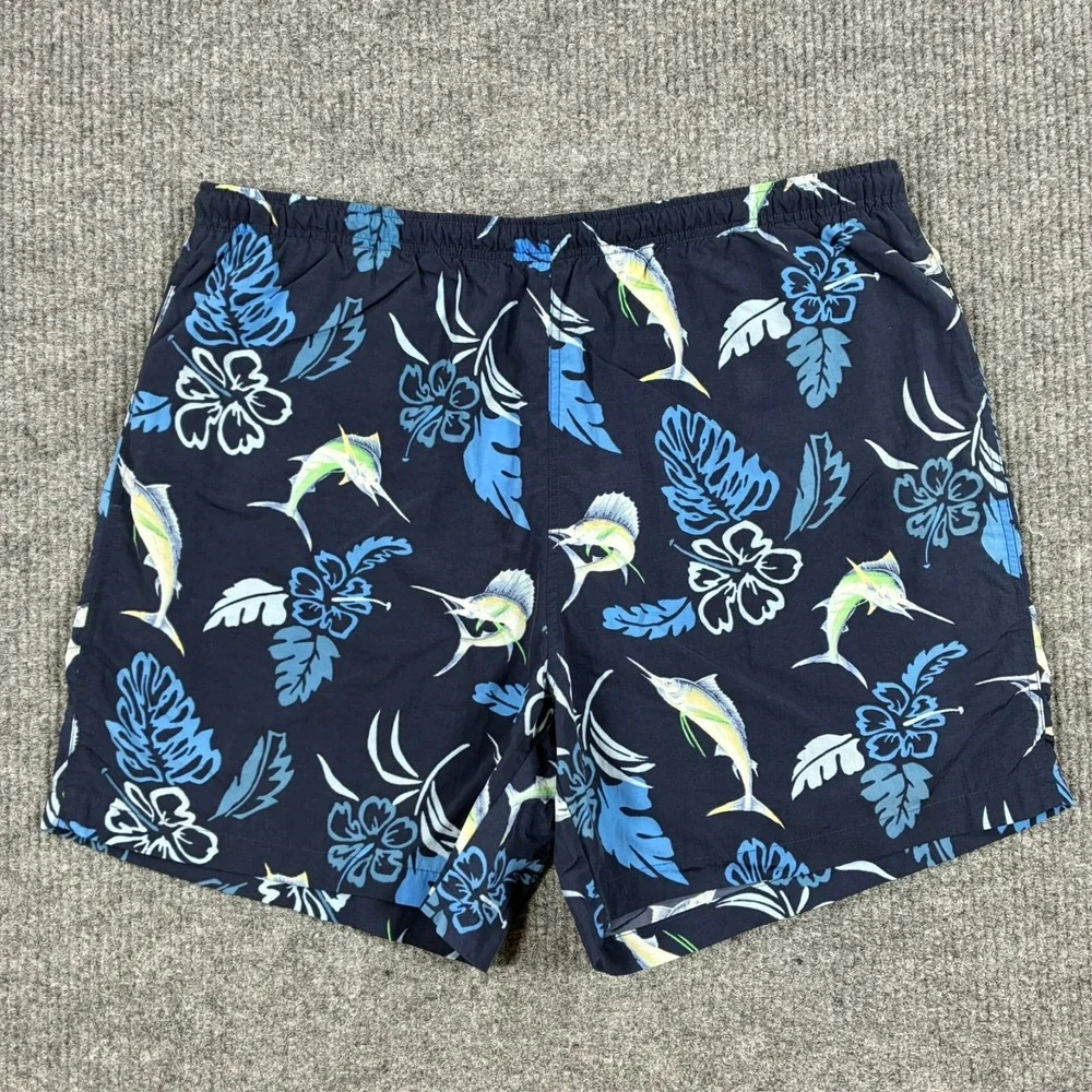 Nautica Mens XL Swim Trunks Fish Hawaiian Print Navy Mesh Lined Beach Shorts